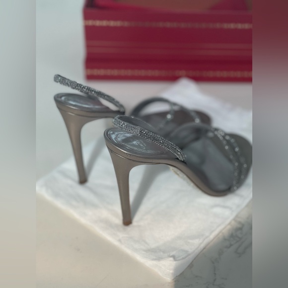 Rene Caovilla Irina Ash Grey Satin / Light Chrome Heel Pump 38.5 - Picture 5 of 8